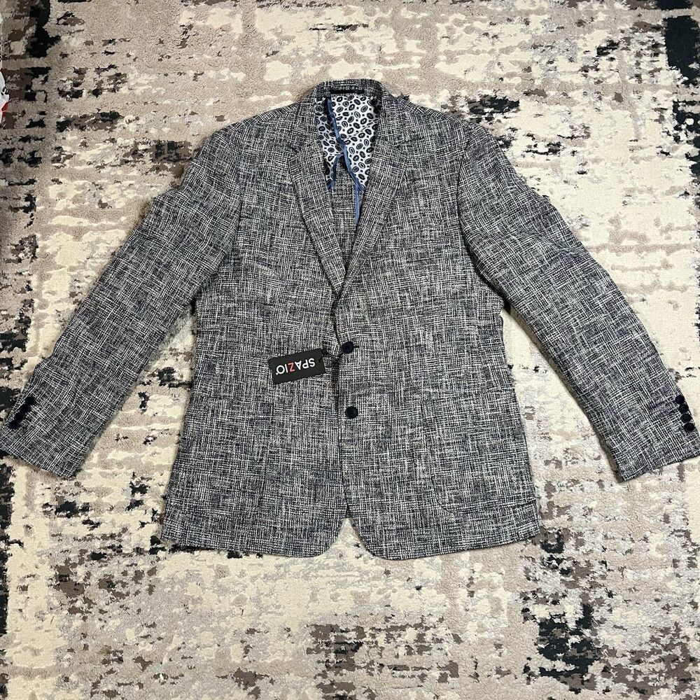 Spazio Sports Coat Blazer Gray Navy Striped Men's Sz 56 Drop 6 Slim NWT Turkey